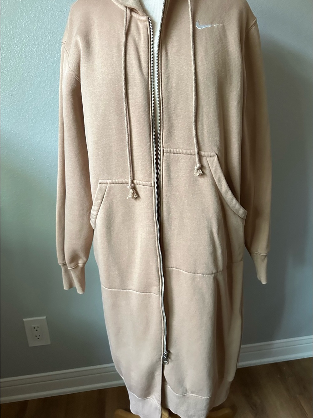 Nike Beige Long Zip-Up Hooded Utility Jacket